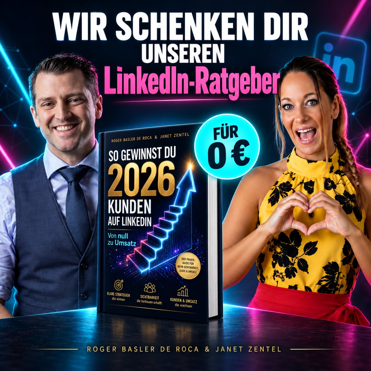 Anzeige mit Janet und Roger und einem LinkedIn-Ratgeber für 0 Euro