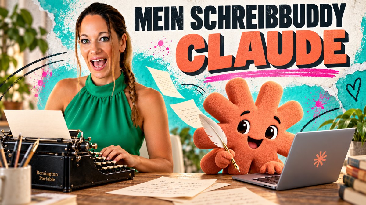 Janet an der Schreibmaschine neben einer Plüschfigur, YouTube-Thumbnail