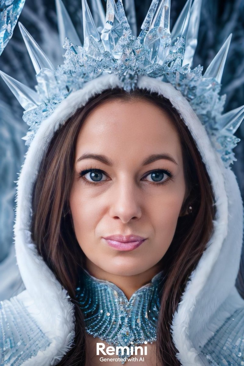 Janet als Eiskönigin mit Kristallkrone und weißer Kapuze