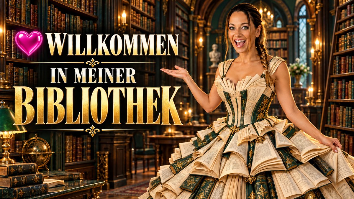 Janet in einem Kleid aus Buchseiten in einer alten Bibliothek